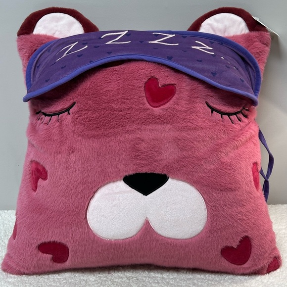 ZZZ...Plush Pink Bear Pillow with Purple Sleep Mask - Picture 3 of 4